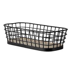 a black wire basket with wooden handles