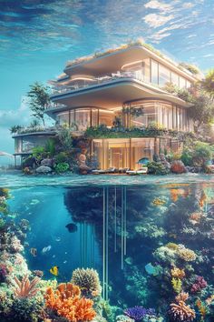 the underwater house is surrounded by coral reefs