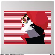 a woman wearing sunglasses and a red hat is featured on a white background with horizontal stripes