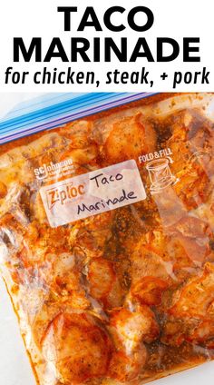 a bag of taco marinade for chicken, steak, and pork with text overlay