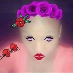 a woman with flowers in her hair and red lipstick on her face is surrounded by pink roses