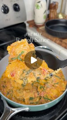 the best ravioli sauce recipe ever made in a skillet with a spatula