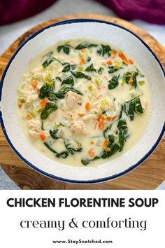 This image shows a recipe for chicken florentine soup. Spinach Chicken Soup, Cream Of Spinach Soup, Creamy Spinach Soup