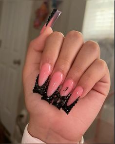 Nails With Initials, Black Acrylic Nail Designs, Nail Designs Bling, Nail Piercing, Gel Toe Nails, Acrylic Nail Set, Long Acrylic Nail Designs, Aesthetic Nails