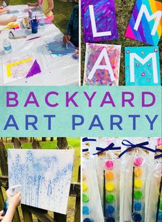 the back yard art party has been set up for children to play with their artwork