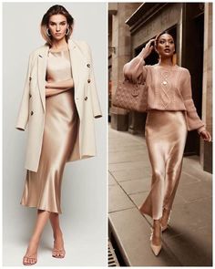 Brown Satin Skirt Outfit Classy, Champagne Slip Dress Outfit, Silk Skirt Outfit Classy, Satin Dress Outfit, Slip Dress Outfit, Rok Outfit, Slip Skirt