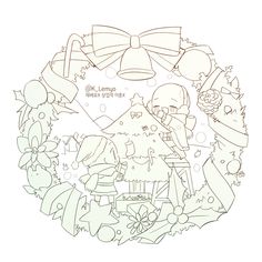 a drawing of a christmas wreath with an image of santa claus and other holiday items