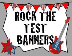 a sign that says rock the test banner with guitars, stars and bunting on it