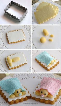 there are several pictures of cookies with icing on the top and bottom one is decorated in pastel colors