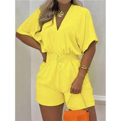 -Item Id 31508450 -Color: Yellow -Fabric: Non-Stretch -Material: Woven Fabric -Composition: 95% Polyester, 5% Elastane -Care Instructions: Machine Wash Or Professional Dry Clean **Open To Offers!!!** **Bundle To Save More** **30% Off Bundles Of 2 Or More Items!!** ***Orders Go Out Within 5-10 Business Days!! Thank You For Your Patience!! Multiple Sizes And Colors Available In Most Styles Don't See Your Size Or Color Listed, Just Ask. Yellow Fitted Jumpsuits And Rompers With Pockets, Fitted Yellow Jumpsuits And Rompers With Pockets, Spring Yellow Jumpsuits And Rompers With Pockets, Yellow V-neck Jumpsuits And Rompers For Vacation, Yellow Short Sleeve Jumpsuits And Rompers For Vacation, Yellow Summer Jumpsuits And Rompers For Loungewear, Chic Yellow Jumpsuits And Rompers For Day Out, Chic Yellow V-neck Jumpsuit, Casual Yellow Jumpsuits And Rompers For Day Out