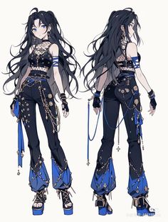 an anime character with long black hair and blue pants