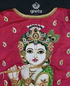 Fabric Painting With Aari Work Blouse, Krishna Blouse Designs, Tanjore Painting On Blouses, Aari Drawing, Blouse Painting, Blouse Designing, Thanjavur Painting, Handwork Design, Fabric Paint Shirt