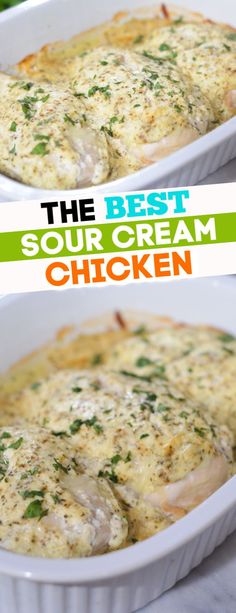 one dish sour cream chicken in a white casserole dish