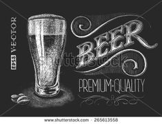 a glass of beer on a blackboard with the word beer written in chalk and lettering below it