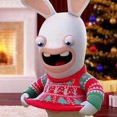 a cartoon character dressed in ugly ugly sweaters and bunny ears, standing in front of a christmas tree