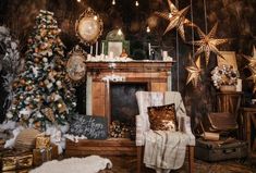 a living room decorated for christmas with gold and white decorations on the fireplace, tree, and chair