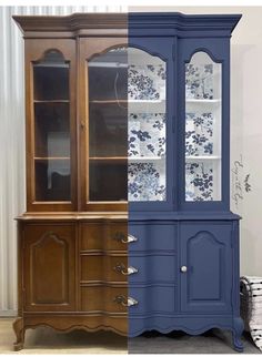 Refinish Old China Cabinet, Upcycling Furniture Before And After, China Cabinet Color Ideas, Painted China Cabinets Ideas, Blue Painted China Cabinet, China Cabinet Before And After, Wallpaper In China Cabinet, Painting China Cabinet Ideas, Painting China Cabinet