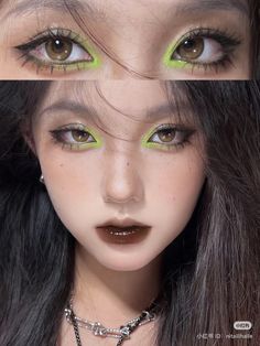 Makeup Ideas Going Out, High Visual Weight Makeup Looks, Genshin Inspired Makeup, Eye Makeup Ideas Aesthetic, Under Eye Makeup Looks, Kpop Concert Makeup Ideas, Black And Green Makeup, Asexual Makeup