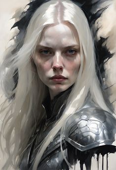 a painting of a woman with white hair and armor