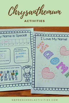 two valentine's day worksheets with the words i love my name on them