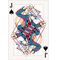 a playing card with an image of a woman in blue and pink on the front