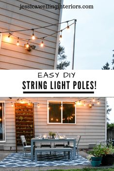 an outdoor patio with string lights on it and the words, easy diy string light poles