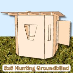 the 6x8 hunting ground blind is made out of wood and has an open door