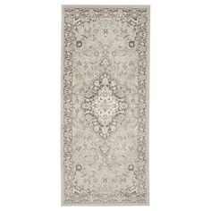 a white rug with an intricate design on the bottom and grey trimming around it