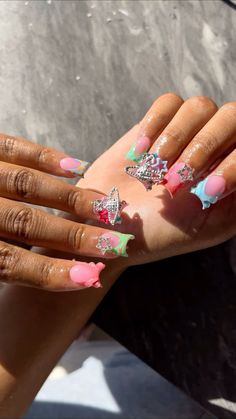 Medium Duck Nails With Charms, Nail And Toe Set, Duck Nails With Charms, Different Color French Tips, Medium Duck Nails, Nails With Charms, Birthday Nail, Acrylic Toe Nails, Acrylic Nail Set