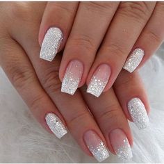 Blush Pink Nails, Nails Bridesmaid, Unghie Sfumate, White And Silver Nails, White Glitter Nails, Nails Almond