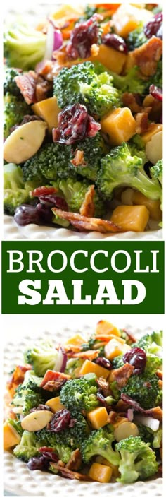 broccoli salad with cranberries and almonds in it on a white plate