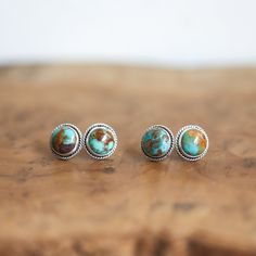 Choose ONE pair of Hubei Post Earrings - your Ready-to-Ship pair of natural Turquoise Earrings will be highlighted in the photos. Post earrings are a staple of the jewelry wardrobe. These posts are the quintessential traditional studs. Big, natural, high-grade, Hubei turquoise (10mm), surrounded by finely created, oxidized and finished sterling silver ... with the perfect twist wire accent. The size of the stones gives these earrings a real presence. And this gorgeous turquoise has a lot of pers Silversmith Rings, Hubei Turquoise, Jewelry Wardrobe, Metalwork Jewelry, Turquoise Stud Earrings, Sacred Stones, Natural High, Twisted Wire, Baltimore Md