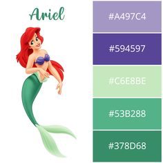 ariel from the little mermaid is shown in this color chart for each disney princess character