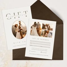 a wedding gift card with an image of the bride and groom on it, sitting next to an envelope