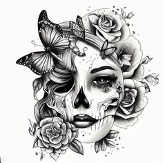 a woman's face with roses and butterflies on it, in black and white