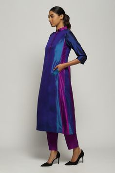 Blue silk patchwork kurta with mandarin collared neckline. - Aza Fashions Blue Cotton Silk Straight Kurta, Blue Silk Straight Kurta, Elegant Multicolor Kurta For Navratri, Elegant Multicolor Straight Kurta, Blue Silk Kurta For Diwali, Blue Silk Kurta For Navratri, Silk Patchwork, Kurta Women, Kurta For Women