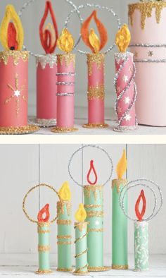 several different colored candles with gold sparkles on them and one has a candle in the shape of a fire