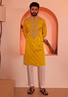 Yellow Embroidered Silk Kurta Set Shreyansh - Fabilicious Fashion Yellow Kurta Men, Yellow Haldi Outfit, Groom Haldi, Marriage Outfit, Haldi Ceremony Outfit, Silk Kurta Set, Wedding Kurta, Wedding Kurta For Men