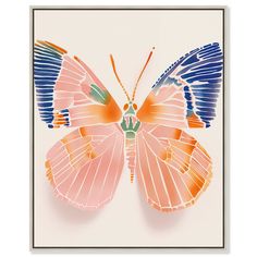 an orange and blue butterfly on a white background with black border around the edges,