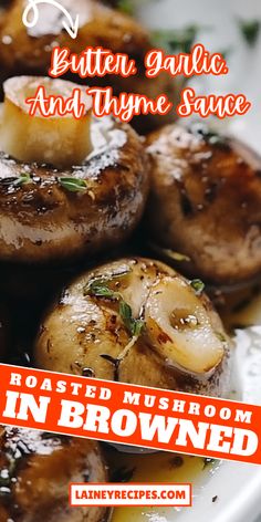 grilled mushrooms with garlic and thyme sauce on a white plate