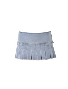 Details Two-in-one skort! Can be styled as a skirt or hot shorts with functional zipper detail - Skirt zips off completely to style as shorts Light blue denim fabrication Skort has inbuilt shorts attached underneath skirt Skort a-lined silhouette Skort mini length Skort low-rise waist with wide waistband Skort exposed functional zipper along hips Skort pleated style with raw hem detail Skort lined with shorts online - This fabric is not sheer Short bodycon silhouette Short super mini length Shor Sheer Shorts, I Am Gia, Hot Shorts, Festival Dress, Light Blue Denim, Romper Pants, Zipper Detail, Wide Waistband, Skirts For Sale