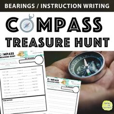 compass reading activity with text that reads compass treasure hunt and an image of a hand holding a