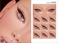 the eyes and eyebrows of a woman with long lashes are shown in various positions, including one