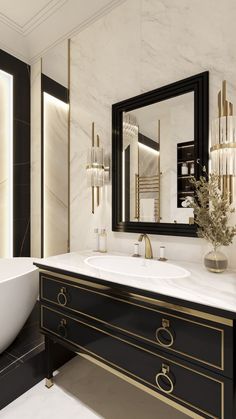 an elegant bathroom with black and gold accents