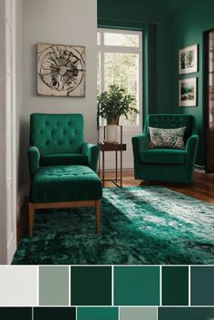 a living room with green chairs and rugs in front of a window, the color is teal