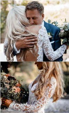 the bride and groom are hugging each other in their wedding day outfits with long blonde hair