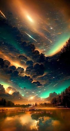 the sky is filled with stars and clouds as it looks like they are floating in the air