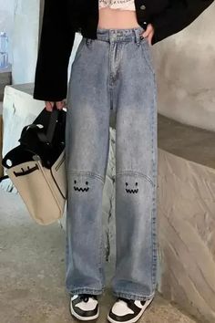 Cute Monster Emoji Embroidered Jeans Pants – Nada Outfit Land Casual Baggy Embroidered Jeans, Casual Embroidered Baggy Jeans, Casual Embroidered Denim Pants, Casual Embroidered Pants For Streetwear, Casual Embroidered Wide Leg Jeans, Casual Wide Leg Embroidered Jeans, Casual Embroidered Blue Pants, Trendy Embroidered Pants For Fall, Casual Embroidered Straight Leg Bottoms