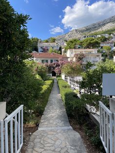 a stone path leading to the top of a hill with houses in the background and trees on both sides