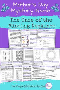 Mothers day mystery game, the case of the missing diamond necklace. printable mothers day escape room game for teens, kids and adults. 14 game sheets shown including mystery puzzle clues, case logbook, mothers day mystery description as well as FAQs, hint cards and answer key. Fun mothers day party game, mothers day activity for kids and adults, or mothers day classroom activity. Fun mothers day game! Mystery Games For Kids, Mothers Day Activity, Mothers Day Party, Mother's Day Games, Kindergarten Homeschool Curriculum, Escape Room Puzzles, Homeschool Preschool Curriculum, Detective Game, Treasure Hunts